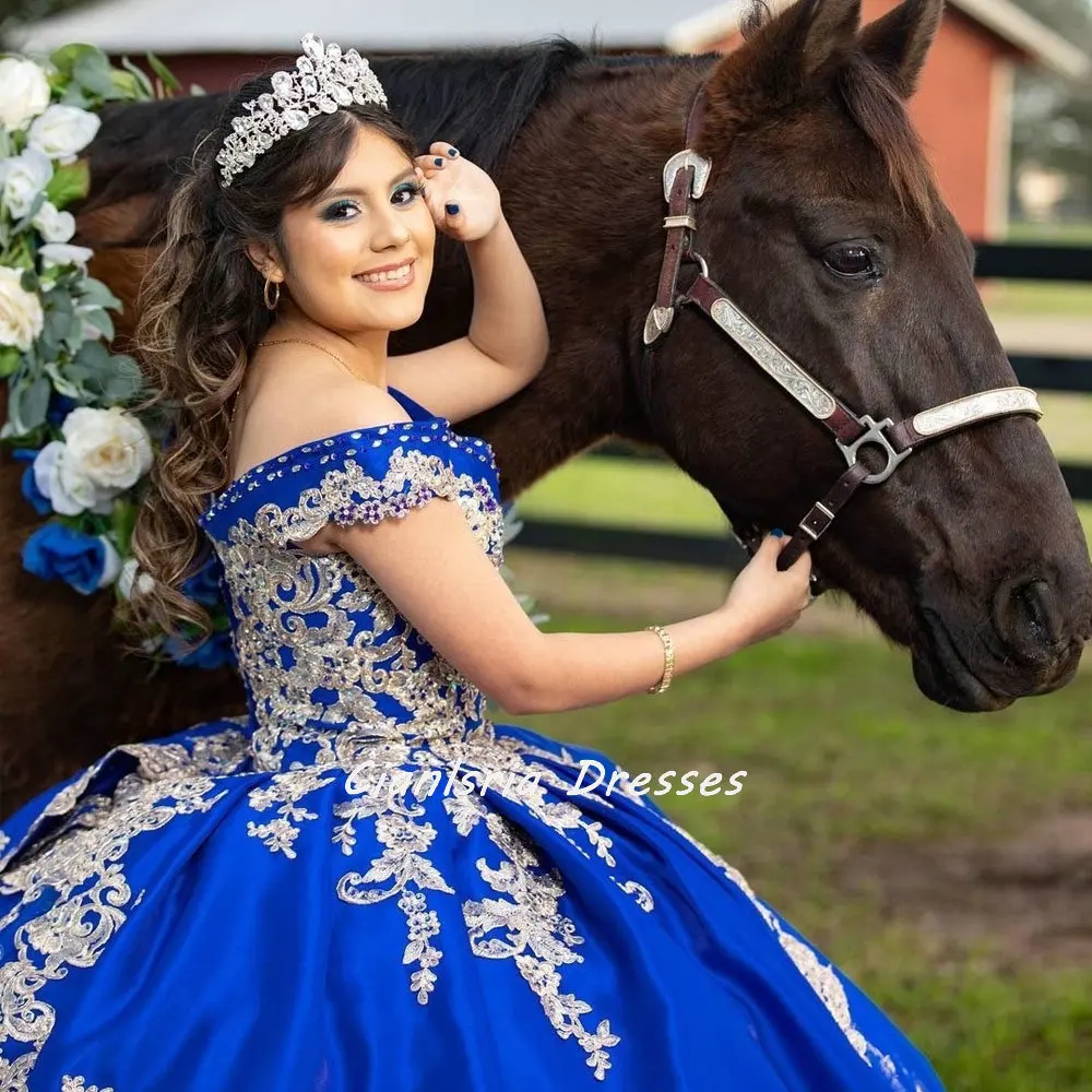 Royal Blue Crystal Beading Ruffles Quinceanera Dresses Ball Gown Off The Shoulder Appliques Lace Corset Vestidos Para XV Años