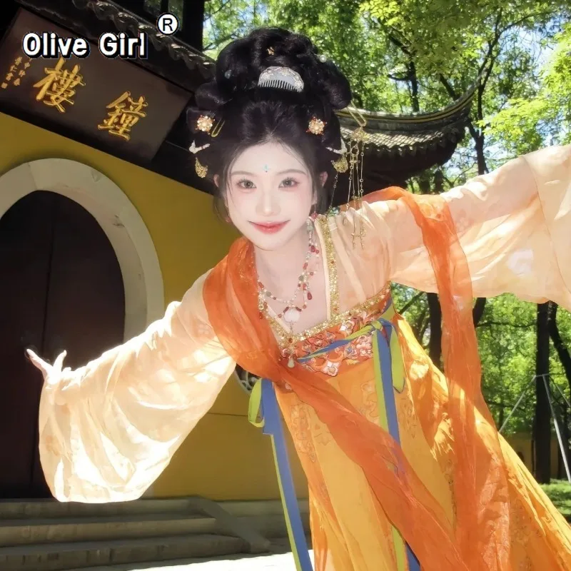 

Платье Ханьфу Olivegirl, оригинальный комплект с вышивкой в стиле Хань и Тан, юбка до груди, китайская женская одежда Ханьфу, весна-лето