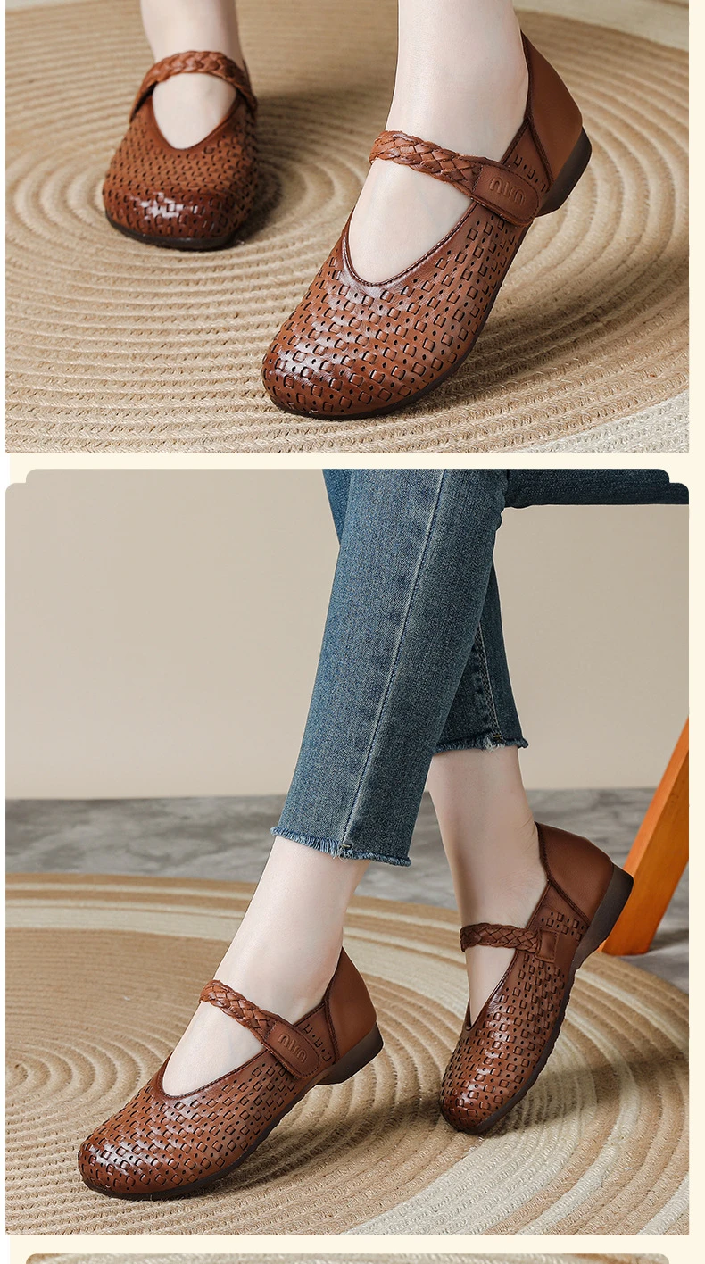 Retro-Kunst-Ästhetik Echtleder Mary Jane Flats Damen Premium Rindsleder Geflochtene Schuhe Elegante Mokassins Vintage-Schuhe – Detail 8