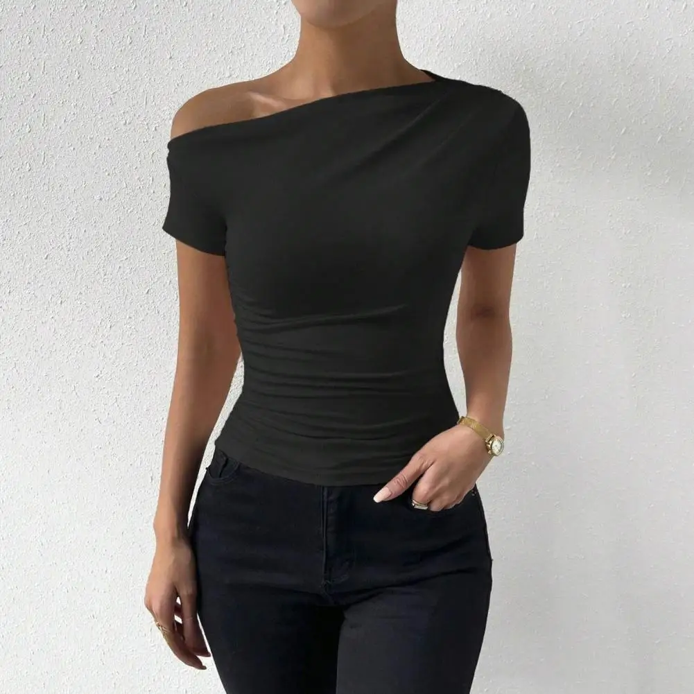 Summer New T-shirt Women Sexy Short Sleeve Fashion Tees Slash Neck Folds Crop Top Casual Streetwear Bodycon Solid Basic T-shirts