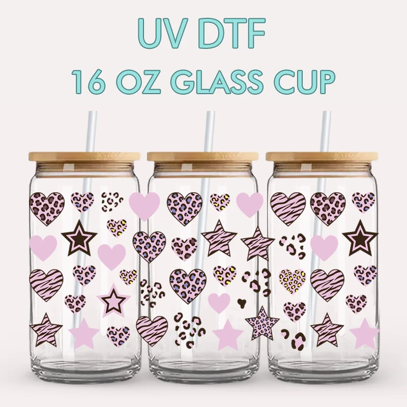 UV DTF Cup Wrap 16oz Glass Cup Pink Leopard Hearts Pattern UV Sticker Transfers Vasos de Vidrio Sublimation Blanks Personalized