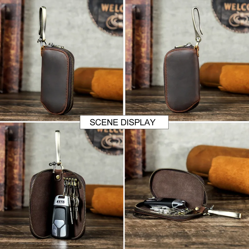 Retro genuine leather zipper key case, car remote control key case, hook portable anti-loss key case