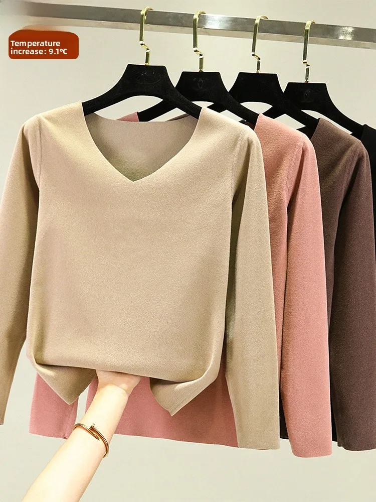 Thiened Double-Sided German Velvet Women's Thermal Underwear Long Sve V-Ne Warm Base irt Close-Fitting Home Wear