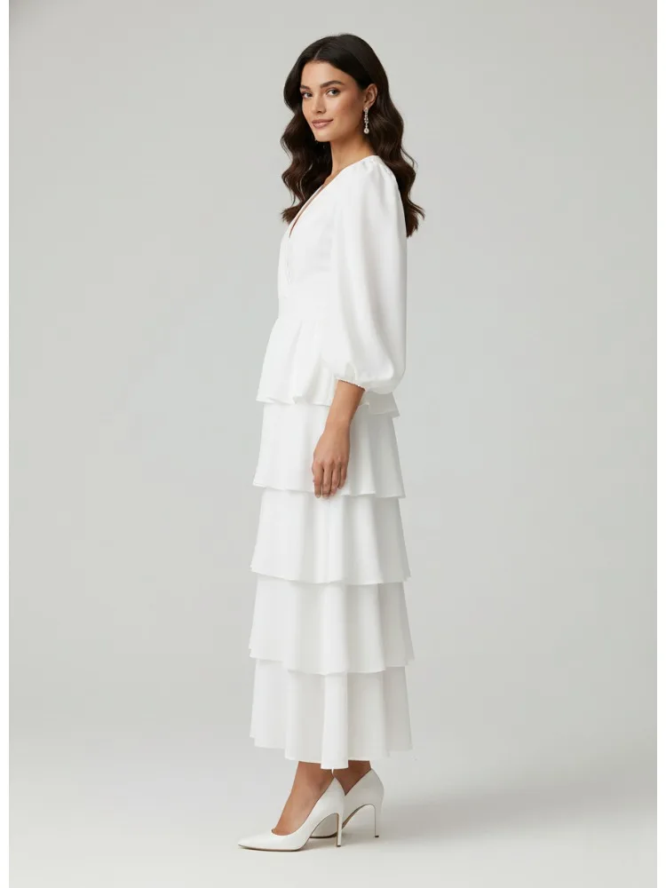 Freeacy feminino sólido branco em camadas plissado vestido com decote em v mangas compridas puff cintura alta vestido plissado 2025 moda vestidos de festa