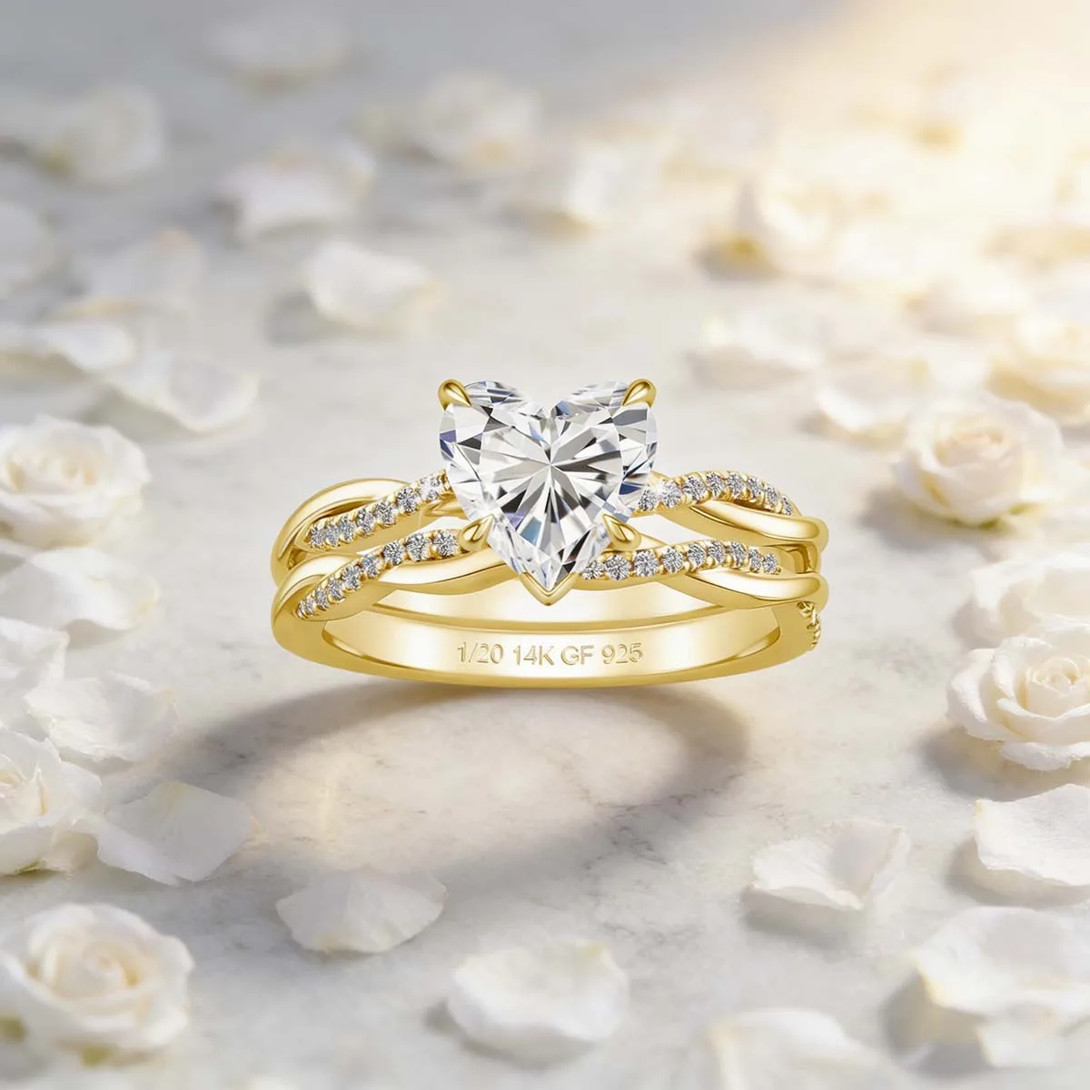 SDOOU Luxury 2pcs 14K Gold Filled Twisted Double Bridal Set 2ct D Color Heart Cut Moissanite Engagement Ring for Girlfriend/Wife