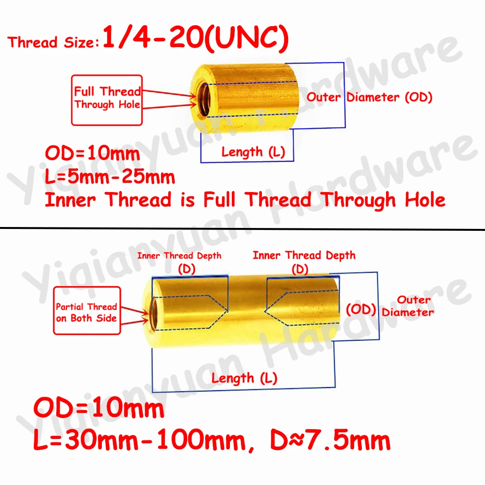 Yiqianyuan 1/4-20 UNC Filettatura Rotonda Ottone Distanziatore Dadi di Giunto Lungo Esteso Borchie di Rame L = 5mm a 100mm OD = 10mm