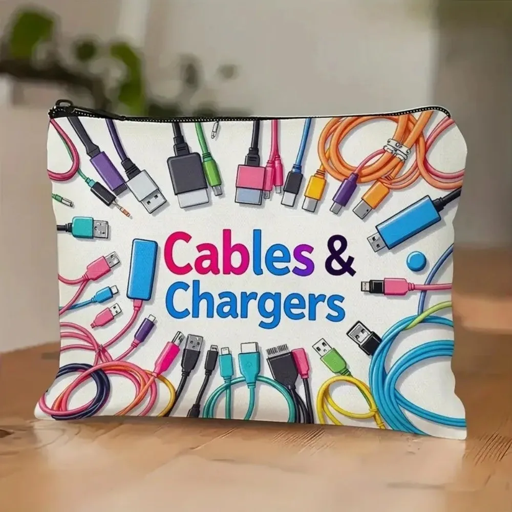 New Canvas Charger Storage Pouch Zipper Closure Large Capacity Electronics Bag Print Design Cosmetic Organizer Travel Use