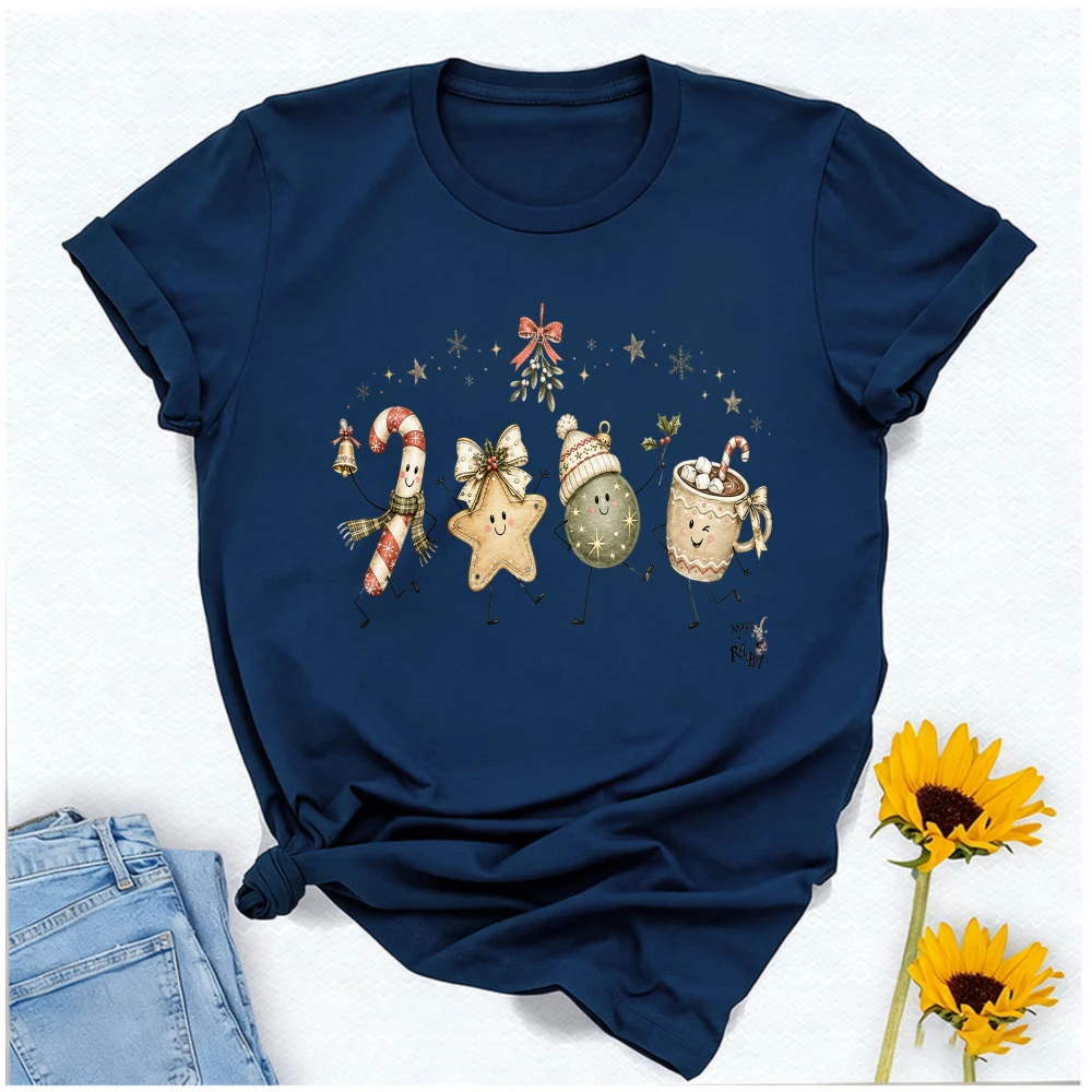 Christmas Cute Cartoon Graphic T Shirt Candy Cane Star Ornament Hot Cocoa Mug Mistletoe Bow Bell Snowflake Print Casual Tees Top