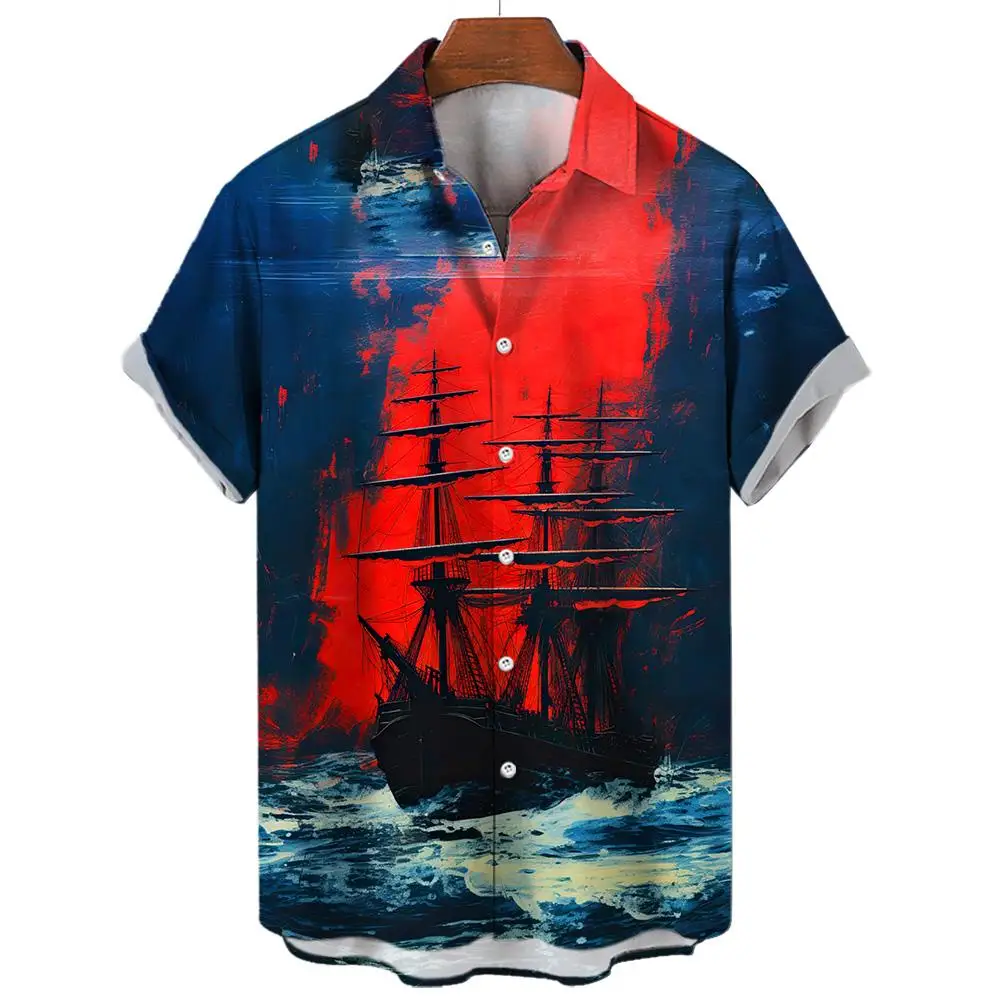 New Unisex Retro Men\'s Hawaiian Shirt Plus Size Shirt Sailboat Compass Marine 3d Print Retro Men\'s Shirt Loose Short Sleeve