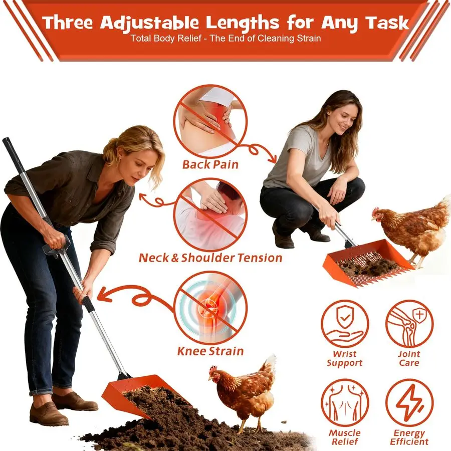 Poop Scooper amp Rake 2in1 12 بوصة رأس مجرفة أمبير 3 زاوية قابلة للتعديل 304 مقبض من الفولاذ المقاوم للصدأ، مغرفة فضلات الدجاج وحظيرة R