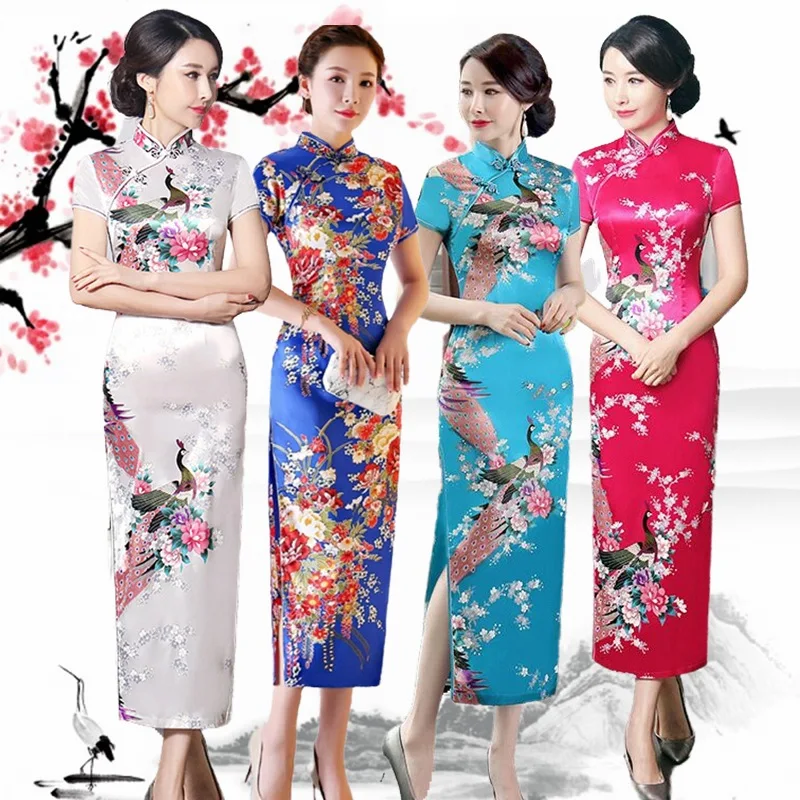1pcs/lot woman Chinese cheongsam peacock print long dress lady frog button qipao