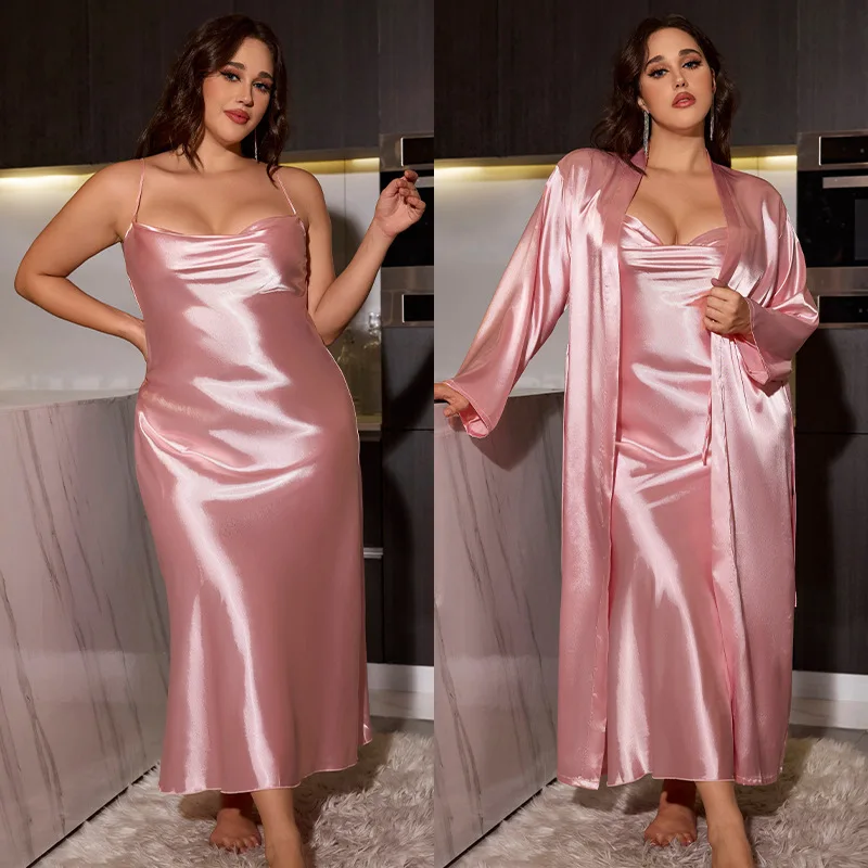 Plus Size 3XL 4XL 5XL Nighty&Robe Set Sexy Bride Long Wedding Bathrobe Dress Spring Summer New Sleepwear Loose Satin Home Wear