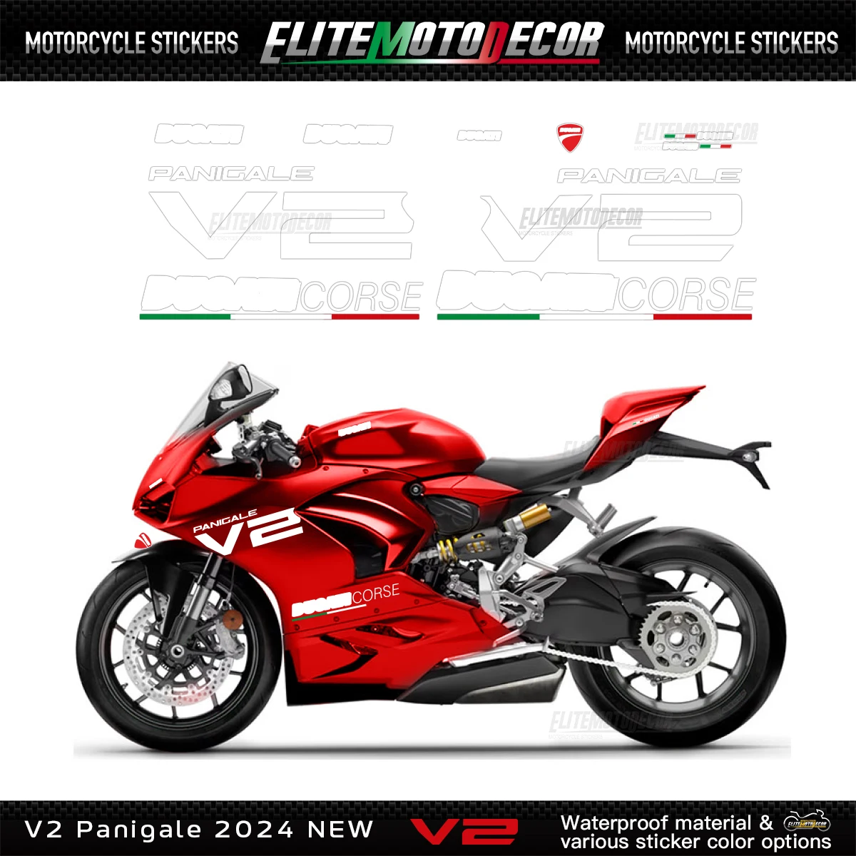 

Waterproof Stickers Kit Tricolor Design logo Corse For Ducati V2 Panigale V2 2024 new Motorcycle Fairing Body Decal Sticker