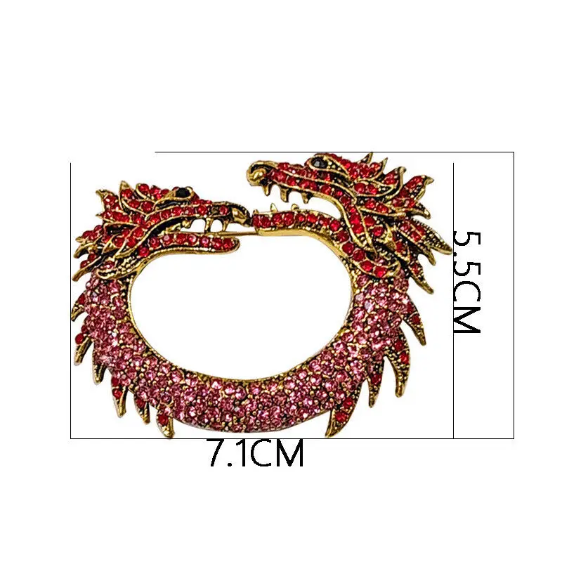 Vintage Style Red Dual Faucet Dragon Animal Brooch Pin Rhinestone Crystal