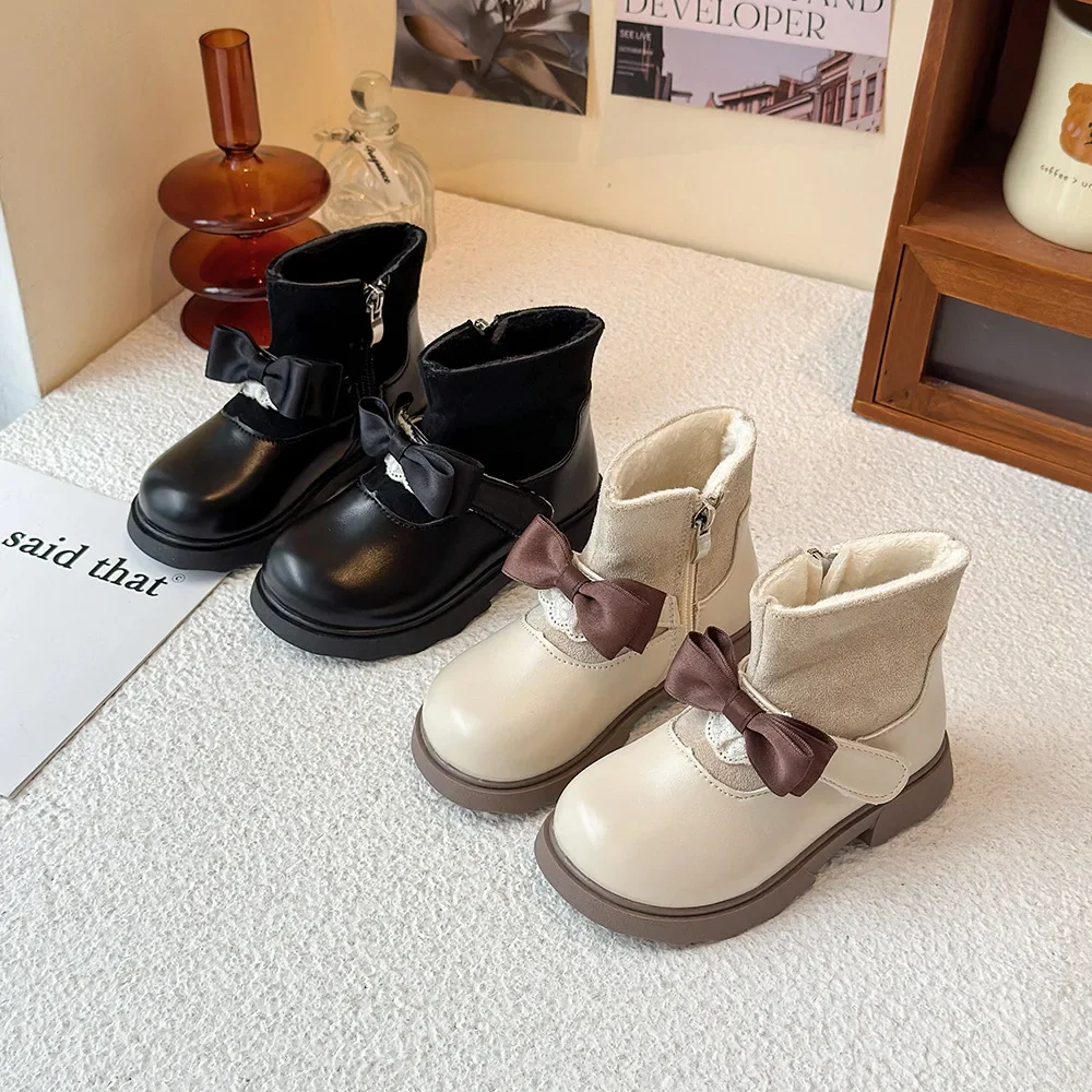 

Осень-зима 2022, сапоги принцессы для девочек, кожаные короткие сапоги с бантом для малышей, теплая обувь на флисовой подкладке для маленьких девочек
