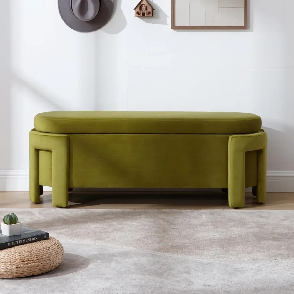 Modern Velvet Ottoman with Storage Entryway Bench for Living Room Comfy UpholsteredEnd of Bed Bench with Safty Hinge for Bedroom