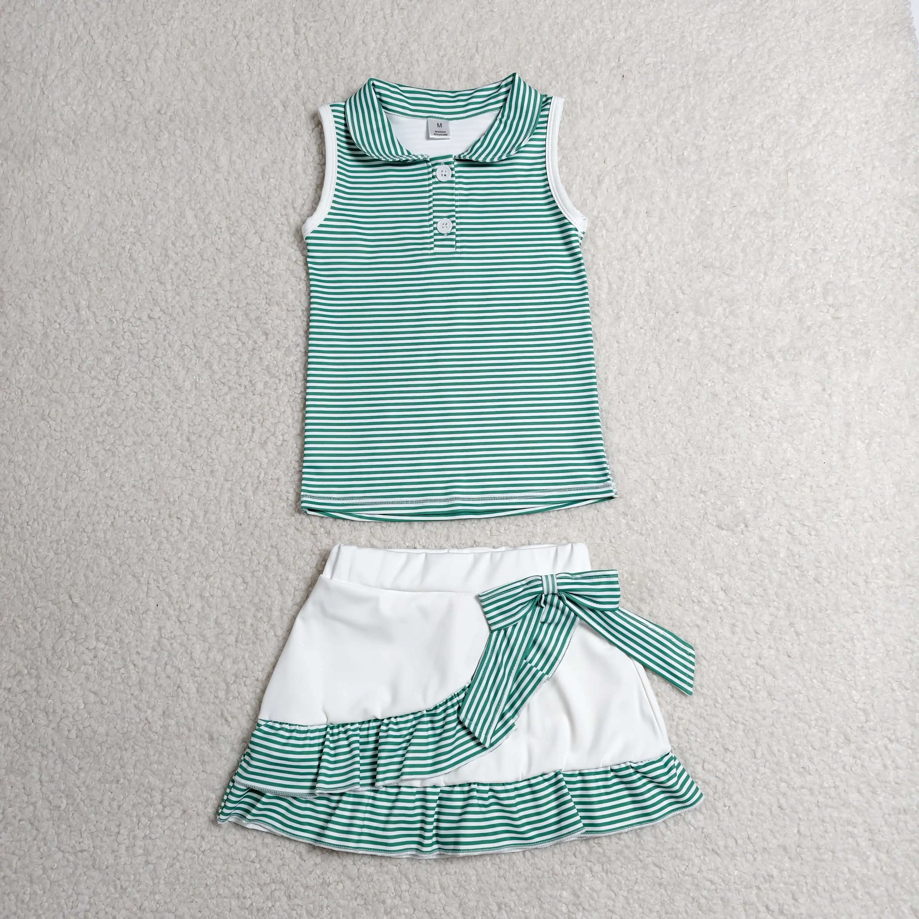 Wholesale Baby Girl Yoga Active Clothing Toddler Green Stripes Shirt Skirt Shorts Kids Girls Skort Set Athletic Summer Clothes