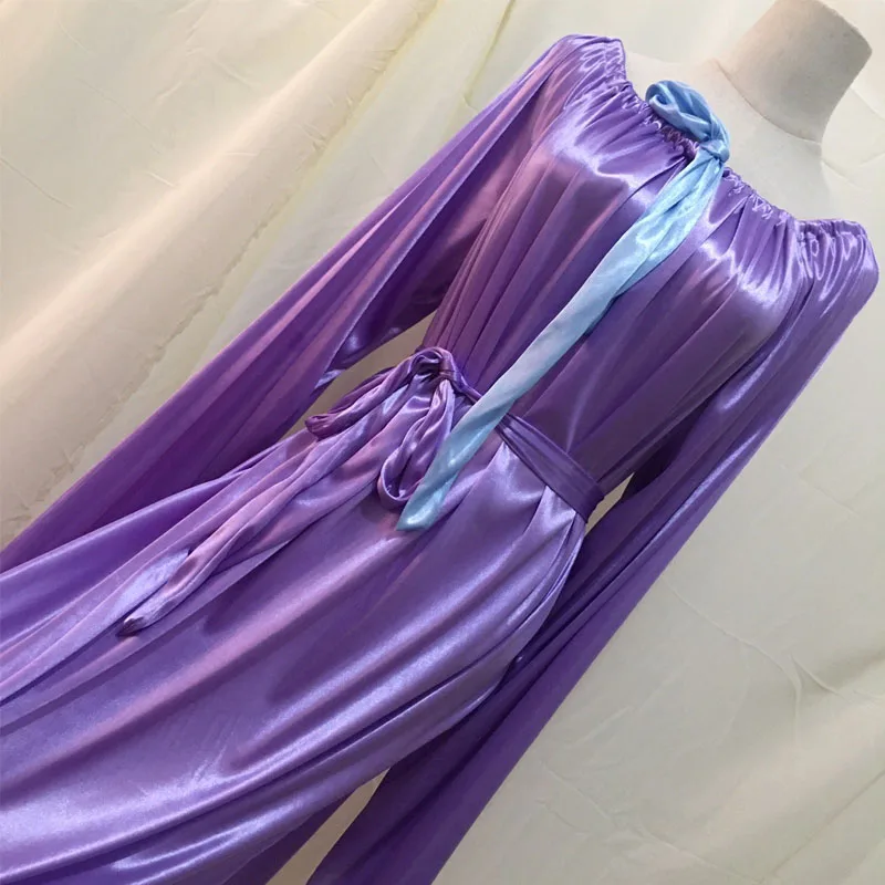 

Men Sexy Sissy Silky Touch Glossy Long Dress Women Satin with Belt Long Sleeve Pleated Loose Silk Maxi Dress Sleeping Robe
