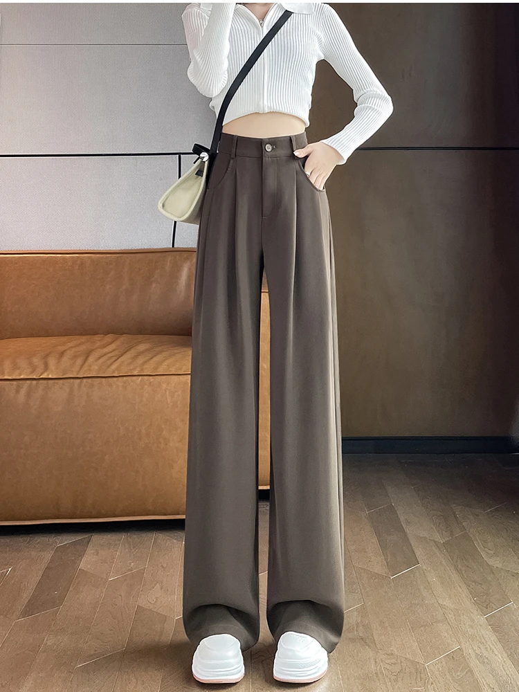 Chic Elastic High Waist Wide Leg Pants Women Spring Summer Elegant Trouser Office Ladies Full Length Straight Streetwear Pant