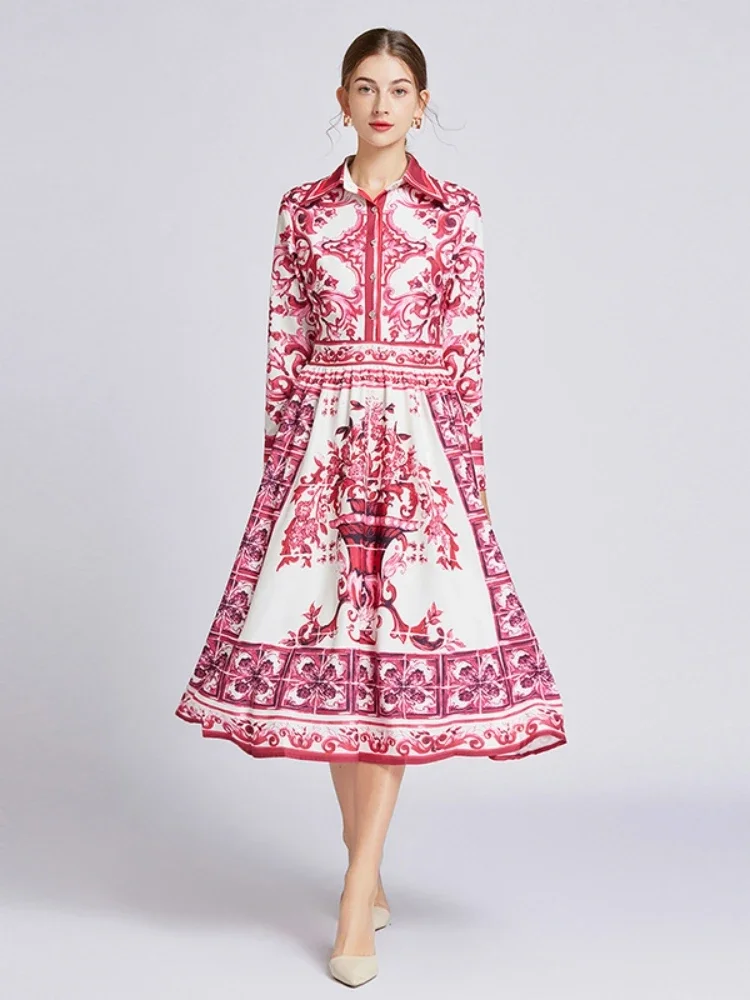 Primavera outono moda vermelho e branco porcelana camisa vestido feminino lapela manga longa floral impressão magro robe midi vestidos