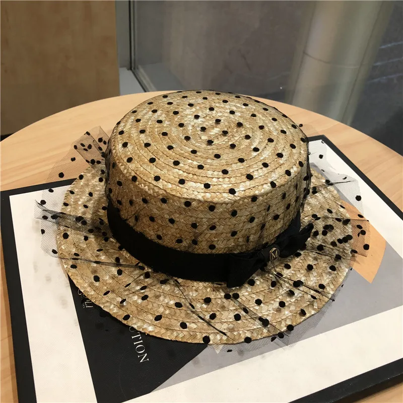 Designer Brand Temperament Wavy Dot Net Yarn Casual Straw Hat Women\'s Summer Outing Straw Straw Flat Top  Sun Caps for Women