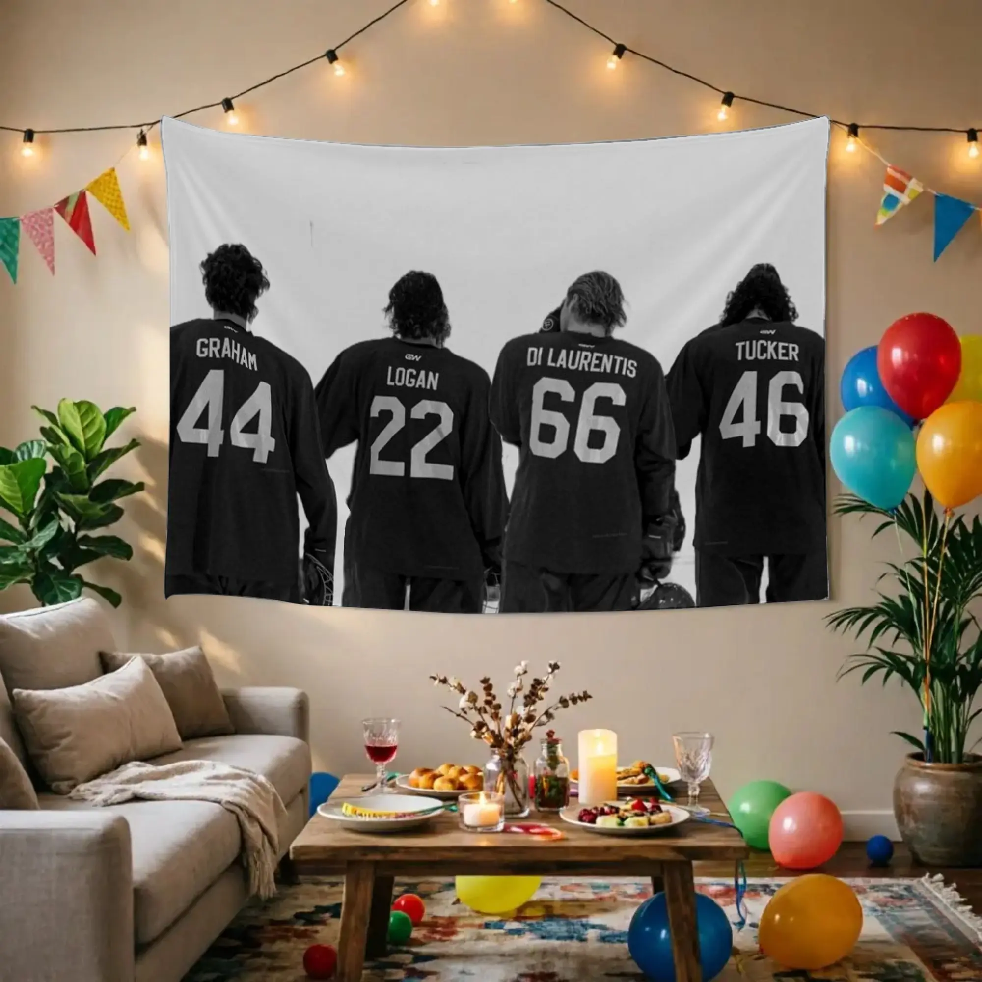 1 Stück Eishockey Vier Jungs Buchcharakter Wandteppich, Off-Campus-Fan-Wandbehang, Coole Zimmer-Deko, Große Größe, Polyester 2D-Druck