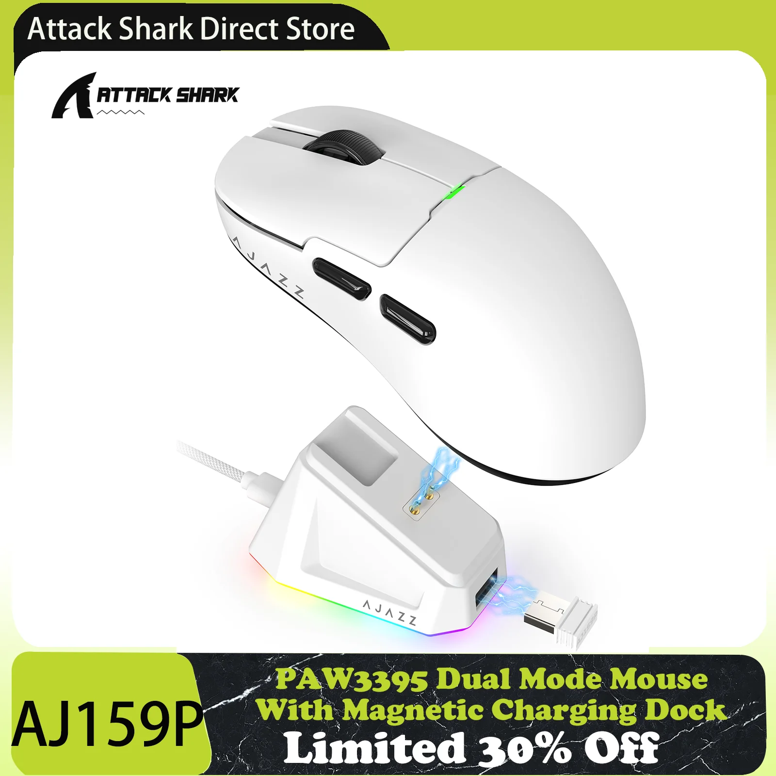 mouse para jogos tri mode attack shark x ajazz aj159p com doca de carregamento magnetica sensor paw3395 26000 dpi ultraleve 56g 1000hz 01