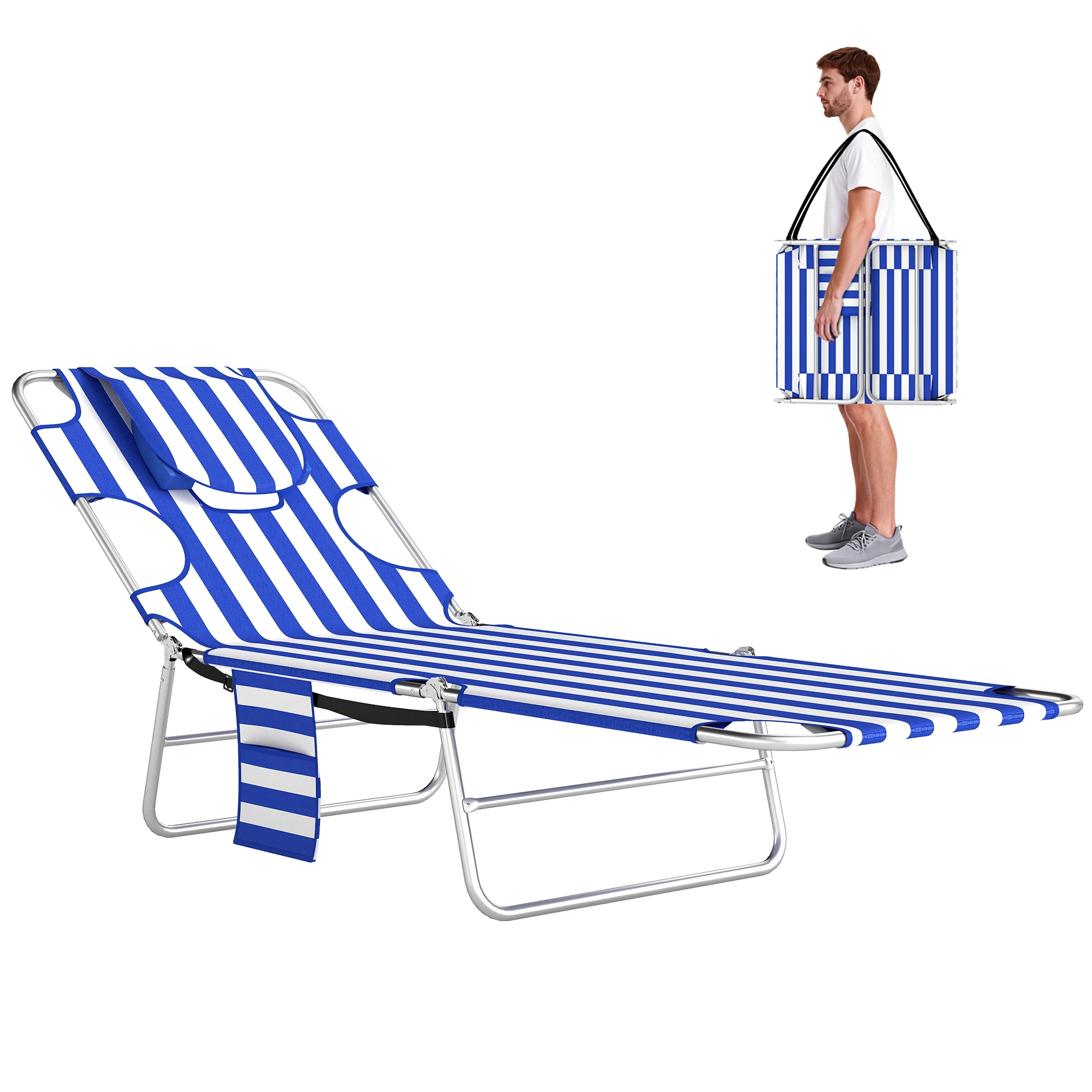 Outsunny Folding Outdoor Lounge W/ Face Hole, 5-Level Recline, Blue Stripe