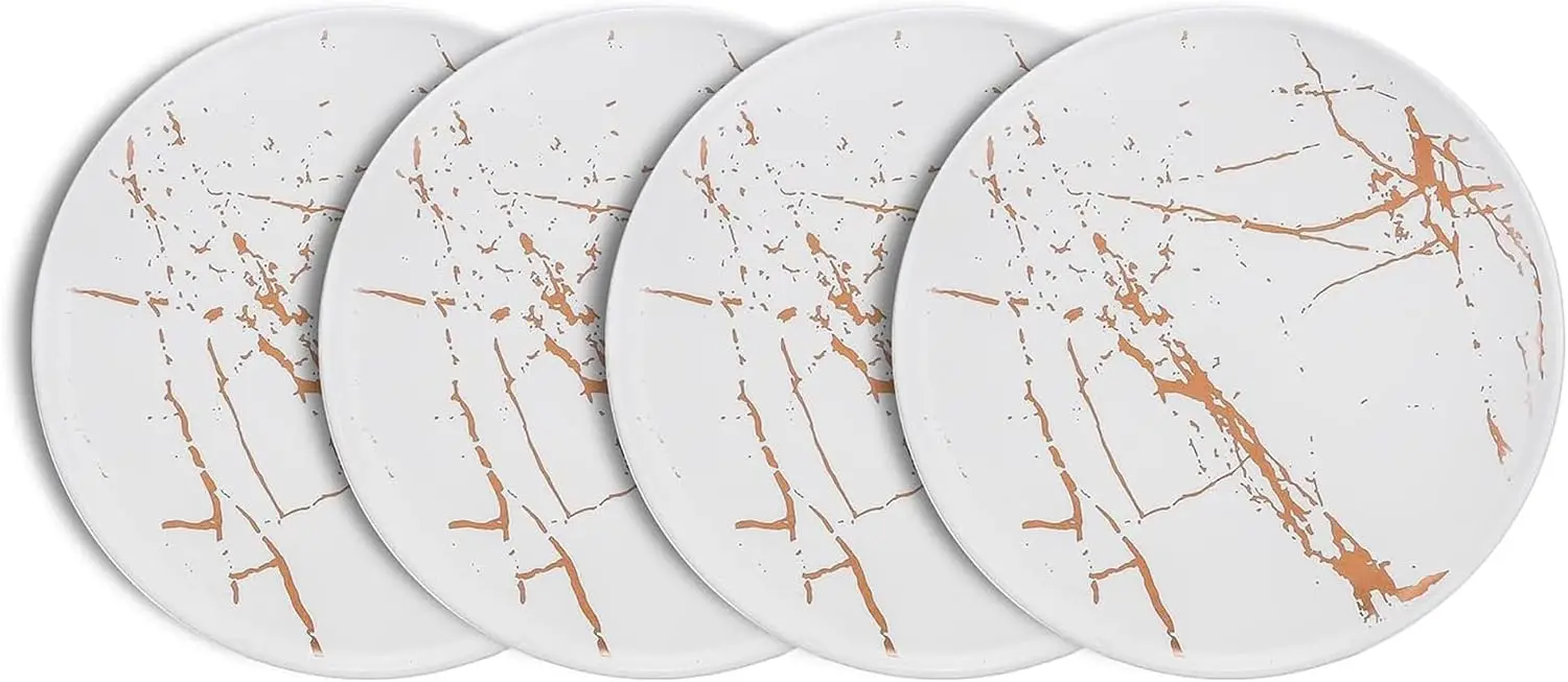 

Zora Porcelain Dinner Plate Set, Round Home Kitchen Serving Dishes for 4 People - Dishwasher Safe, White and Gold