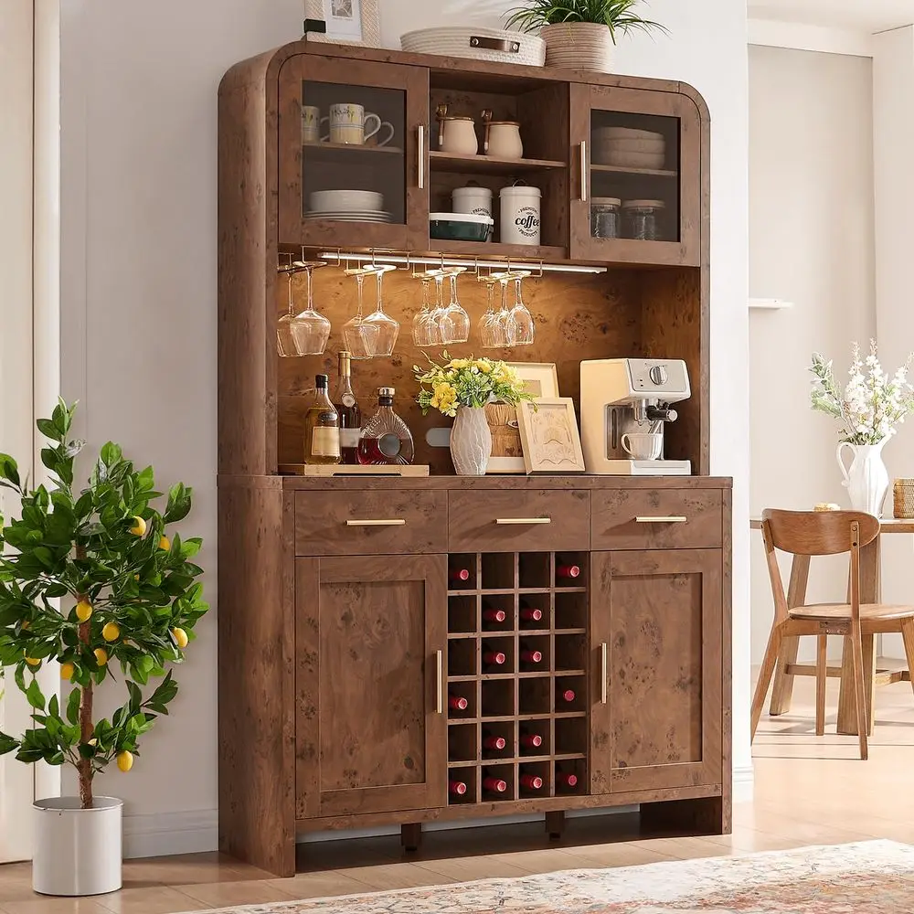 

Tall Wine Bar Cabinet with Storage Hutch and 3 Drawers, Coffee Bar Cabinet with LED Lights and 24 Bottle Wine Rack for Home Din