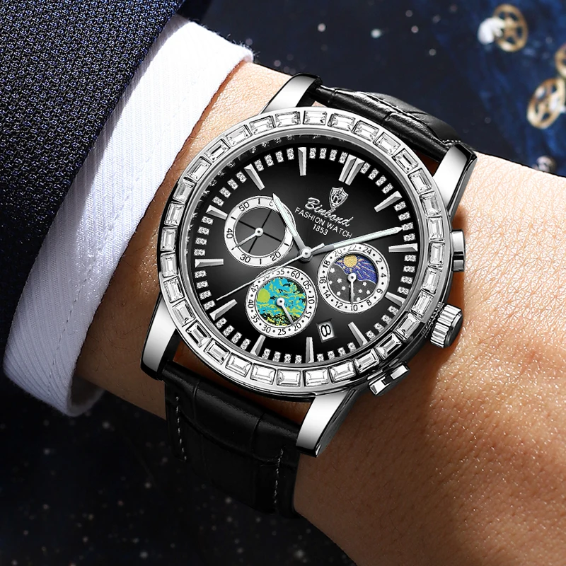 BINBOND ساعة عالية الجودة للرجال الرياضة كوارتز رجل ساعة اليد مقاوم للماء مضيئة كرونوغراف جلدية ساعات رجالية Reloj