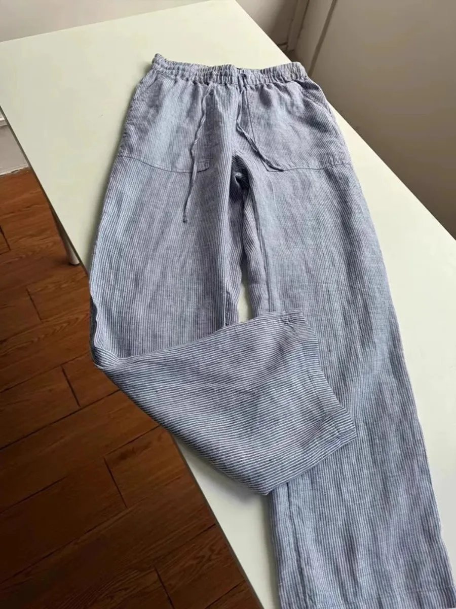 Spodnie w paski z wysokim stanem, luźny krój, casualowe, męskie i damskie, jesień-zima 2024, wygodne, miękkie, luźne, długie spodnie ze sznurkiem, elastyczne...