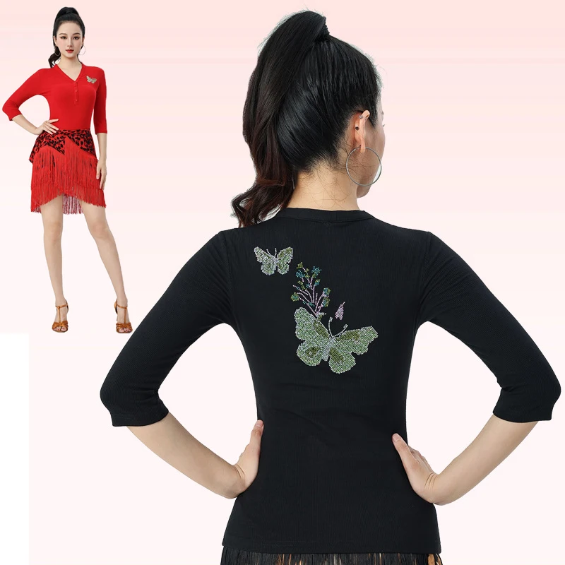 tenue-de-spectacle-de-danse-moderne-col-en-v-diamant-brillant-manches-mi-longues-vetements-de-danse-latine-de-danse-sociale-de-danse-trois-pas