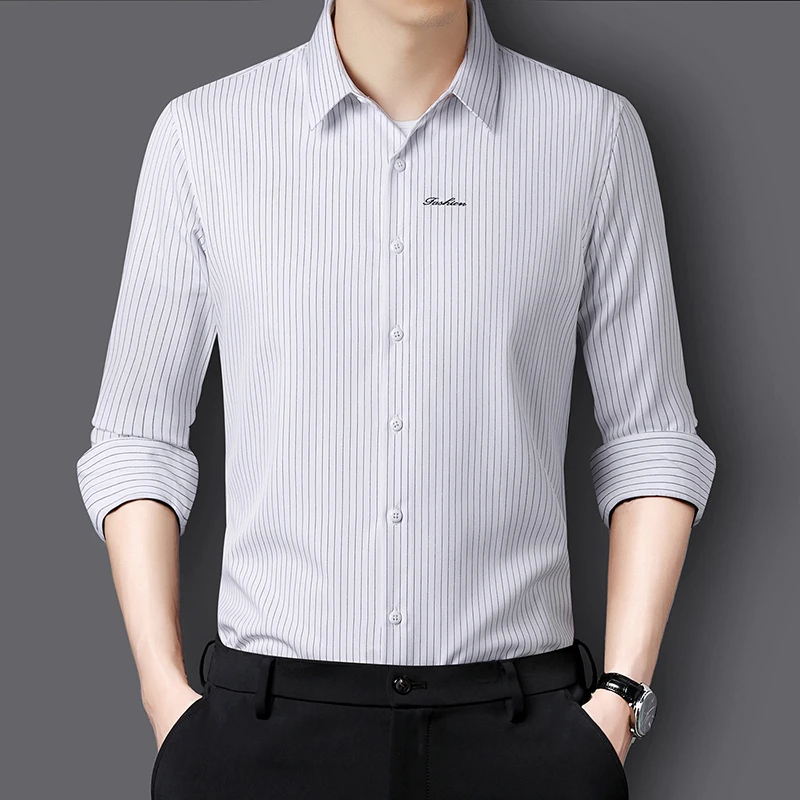 Casual Work Men\'s Striped Shirt Long Sleeved New Arrivals Slim Fitting Business Coat Male Trend Brand Formal Dropship Top