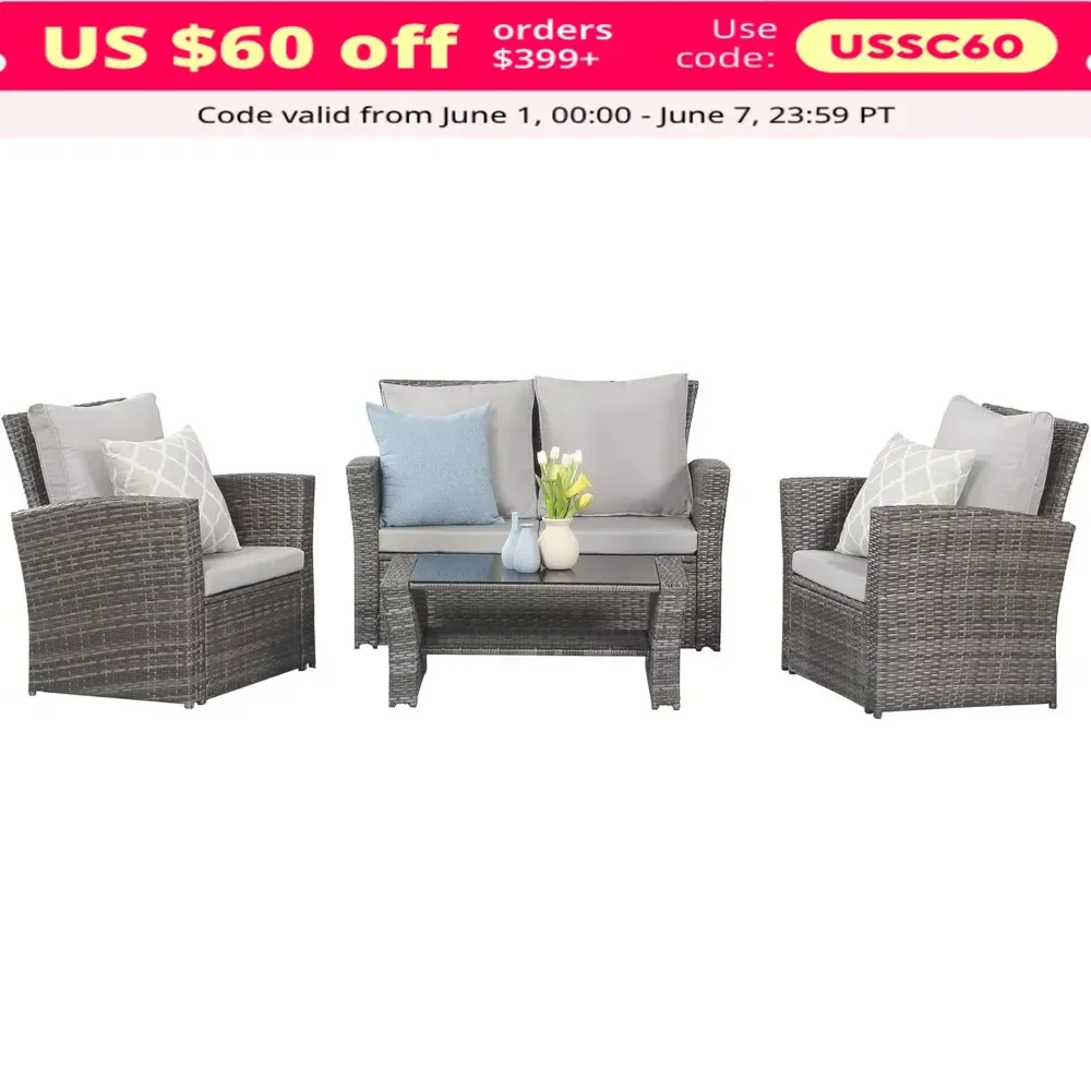 

XMSJ 4 Piece Outdoor Patio Furniture Sets, Wicker Conversation Set, Gray Rattan Sofa Chair with Cushion, Garden Furniture Set