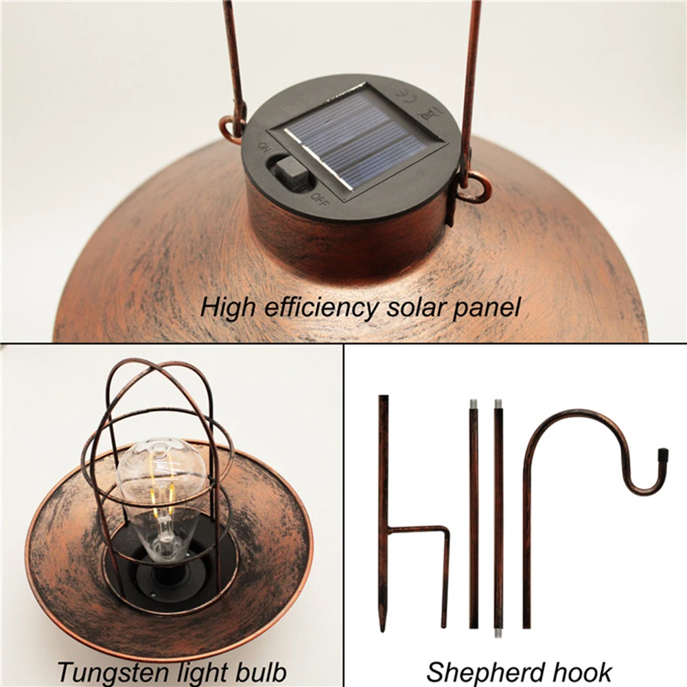 1PCS Retro Solar Lantern for Garden Decoration Outdoor Waterproof Light Vintage Solar Lamp w/ Tungsten Bulb Ornament for Patio