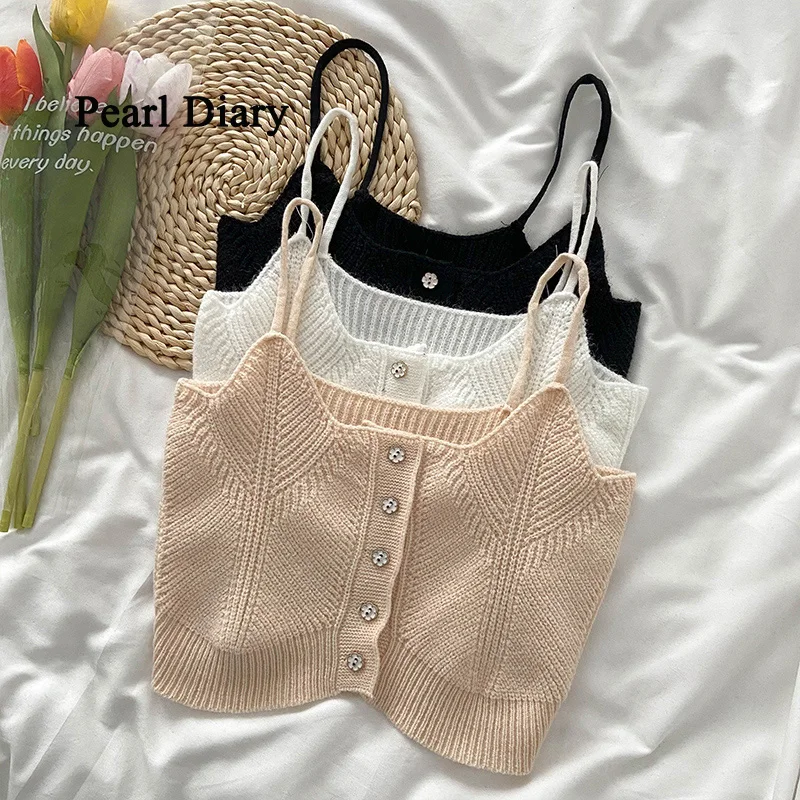 Pearl Diary Summer New Style Irregular Sling Vest Flower Button Short Sleeveless Knitting Top Women All-Match Single-Breasted  T