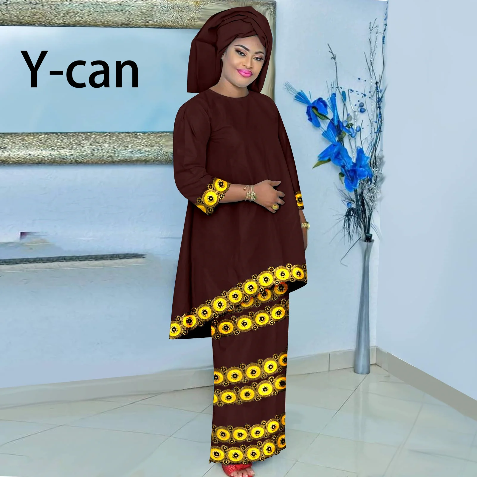 

African Clothes for Women Dashiki Dress and Skirt Headscarf Set Bazin Riche Elegant Lady Ankara Date Outfits Wedding Y2326009