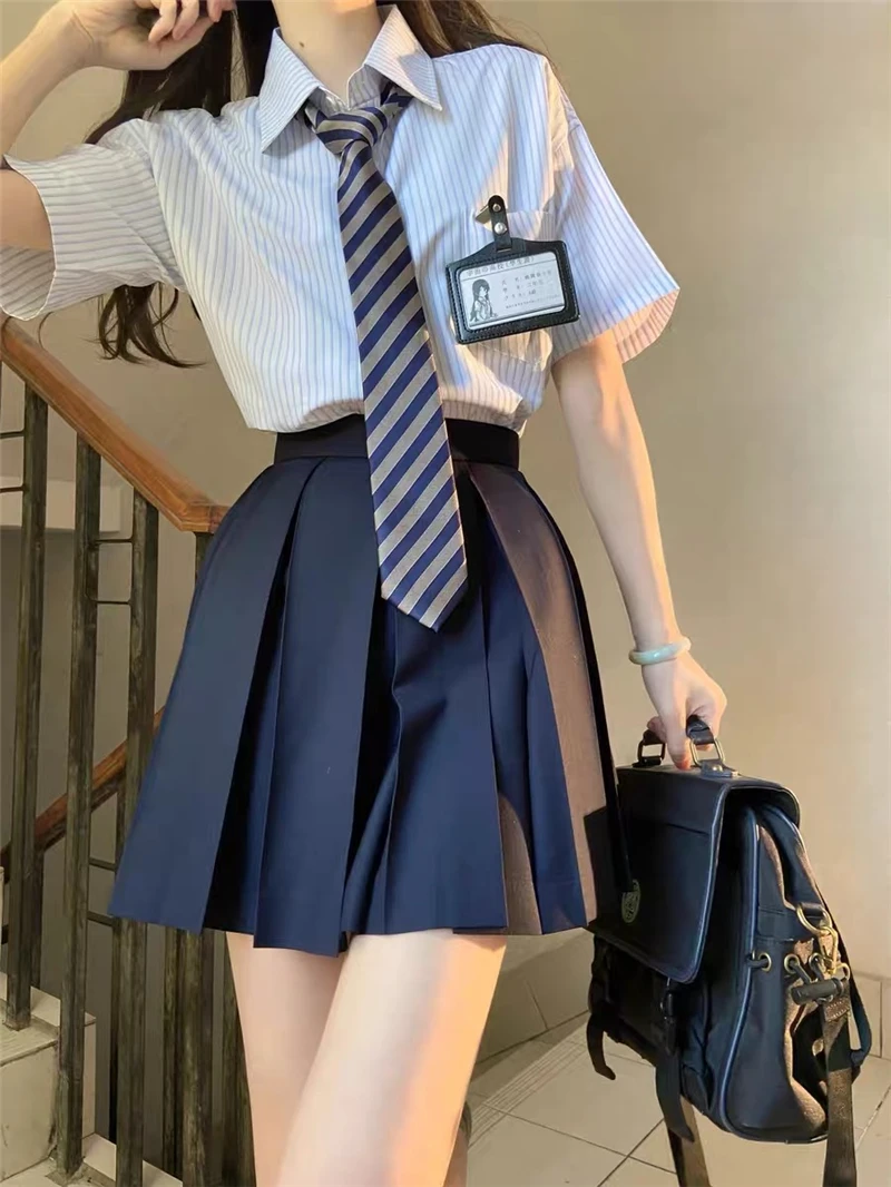 Conjunto completo de saia plissada e camisa grande listrada feminina, conjunto uniforme JK, manga comprida, curto, solto, casual, estilo universitário, americano