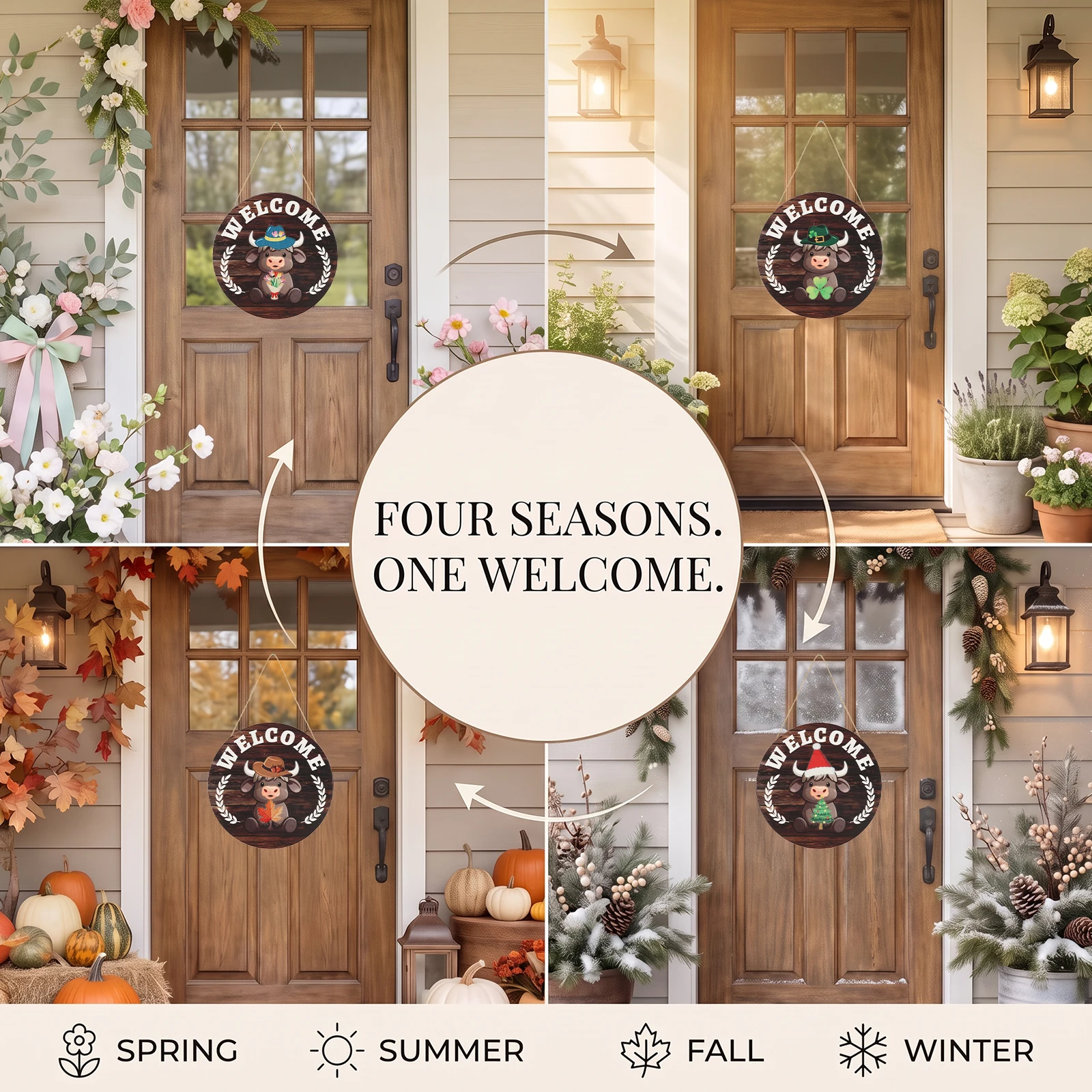 Round Welcome Hanging Plaque Goose/Cattle Interchangeable Wood Holiday Door Sign Year Seasonal Display Sign with Magnetic Piece