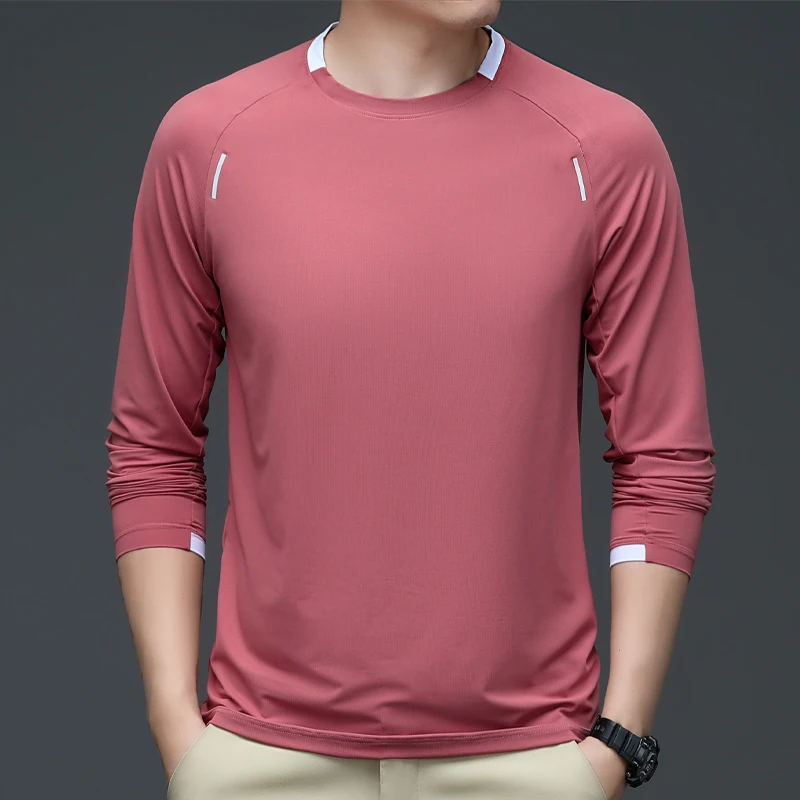 

Red Wine Ice Silk Long Sve T-irt Men's Qui Dry Outdoor Sports Fitn Running Breathable Polyester Fiber T-irt