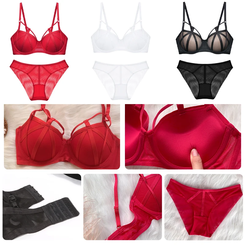 Women Lingerie Outfit Fashion Strappy Sexy Two-pieces Bra Panties Set Lace Mesh Small Chest Push Up Padded Underwear For Female
