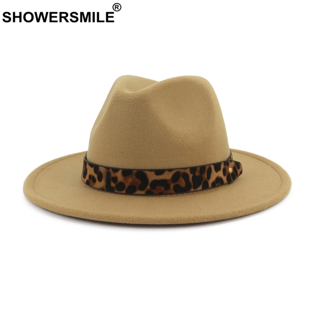 SHOWERSMILE Khaki Fedoras Hats For Women Woolen Felt Trilby Hat Ladies Leopard Female Autumn Winter Retro Pork Pie Hat