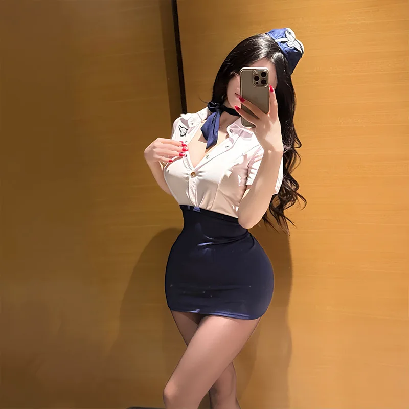 Uniforme d'hôtesse Sexy, grande taille, Lingerie Cosplay, uniforme de policière, tentation, mini-jupe de hanche, Costume de scène de Performance