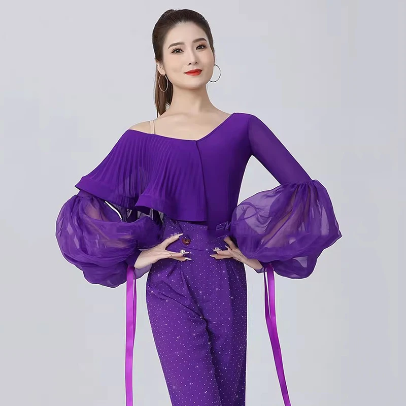 2024 New Modern Dance Clothes High-end Women's Latin Tops Puff Sleeve Ballroom Dance Wear Leotard Long Sleeve Waltz Bodysuit