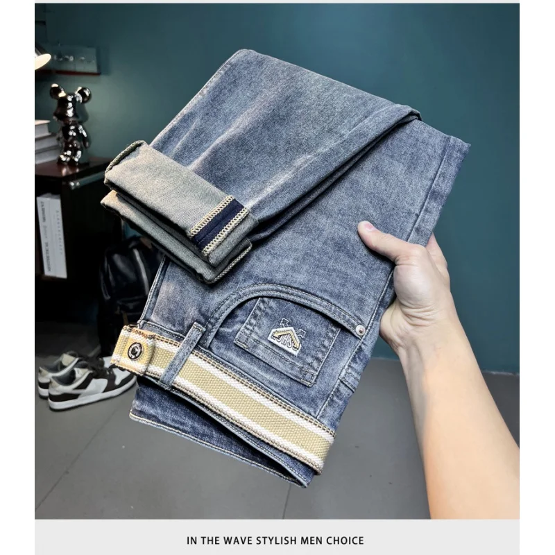 2024 NEW Matching Belt Fashion Design Men's Jeans All-Match High-End Stretch Soft Street Blue Men's Washed Long