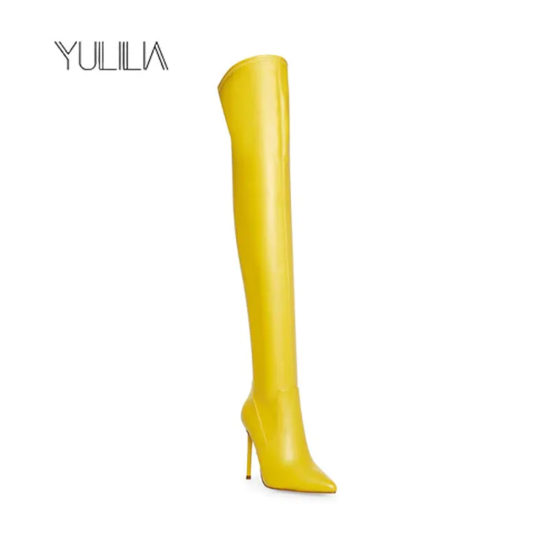 

YULILIA Sexy Fashion Nightclub Party Wedding Office Woman Yellow High Heel Over Knee Stretch Boots Pointed Side Zip High Boots