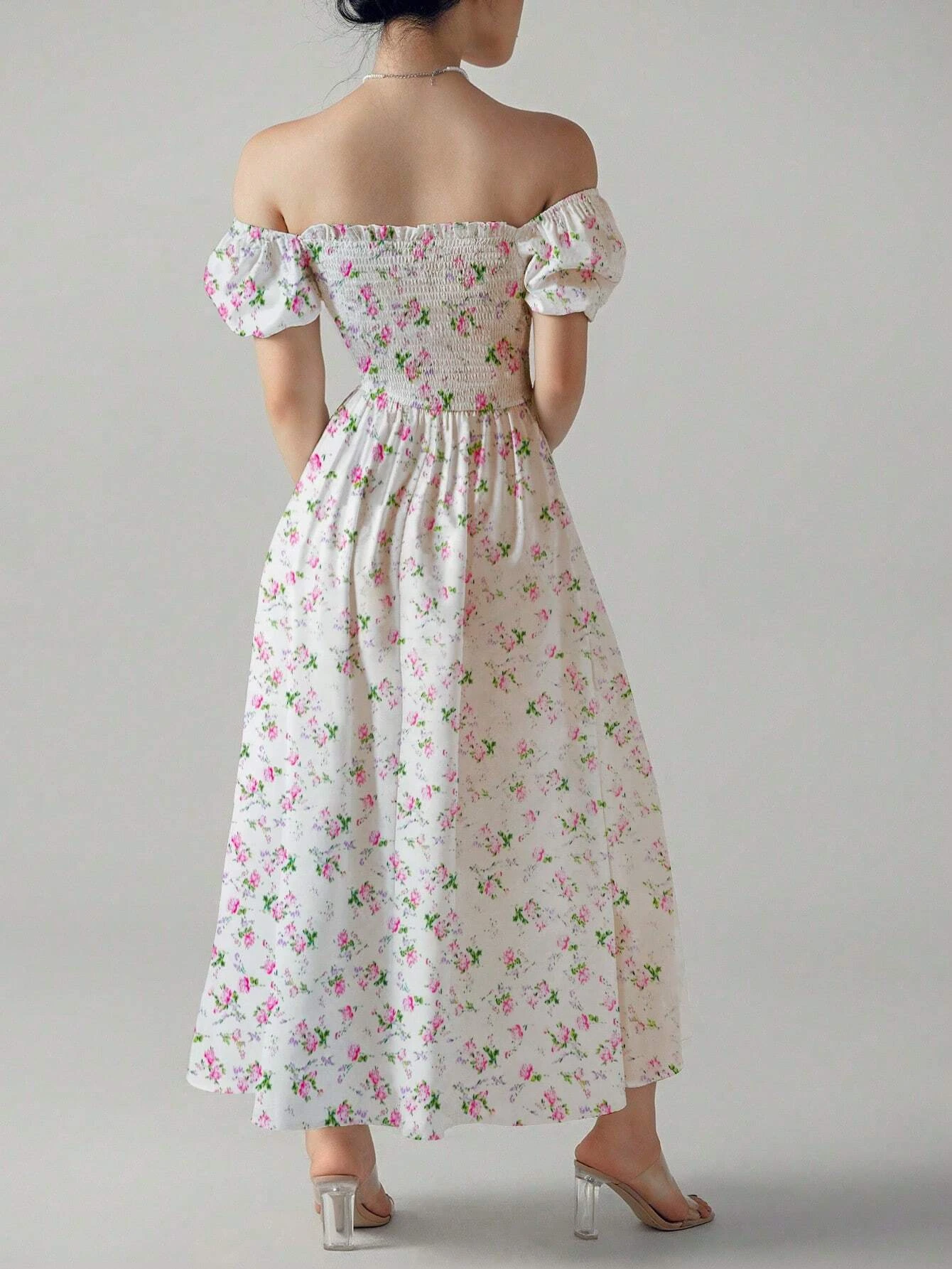 Vestido de verano con estampado Floral para niña, cuello redondo, manga abombada, falda con cuello cuadrado, corte en A, cintura alta, cuello oblicuo, Tops para mujer