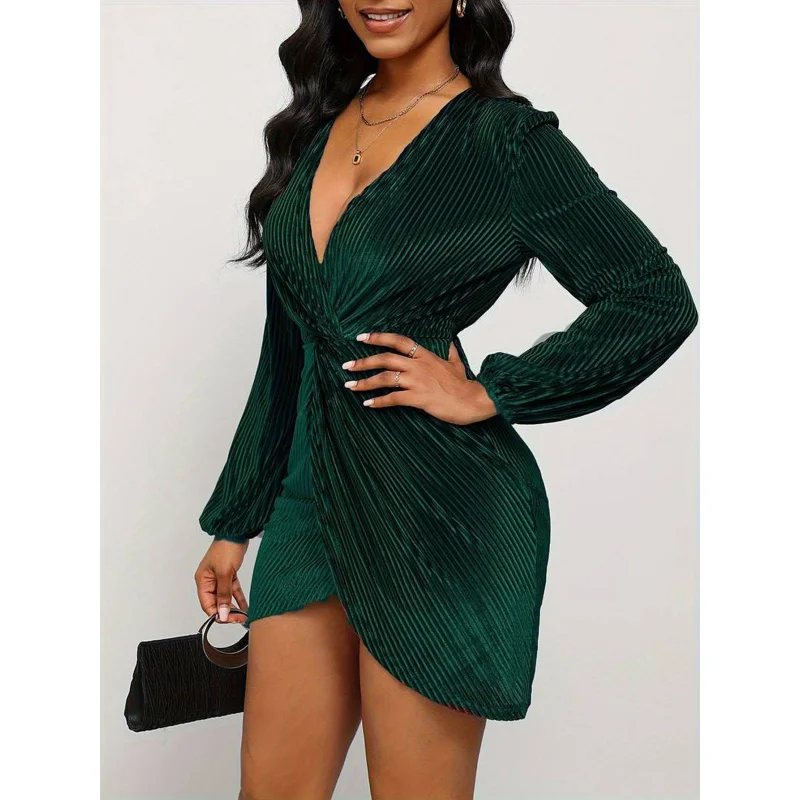 

YQ1-Autumn and Winter New Women's Velvet DressVHigh-neck Waist Long-sleeve Bodycon Mini Dress