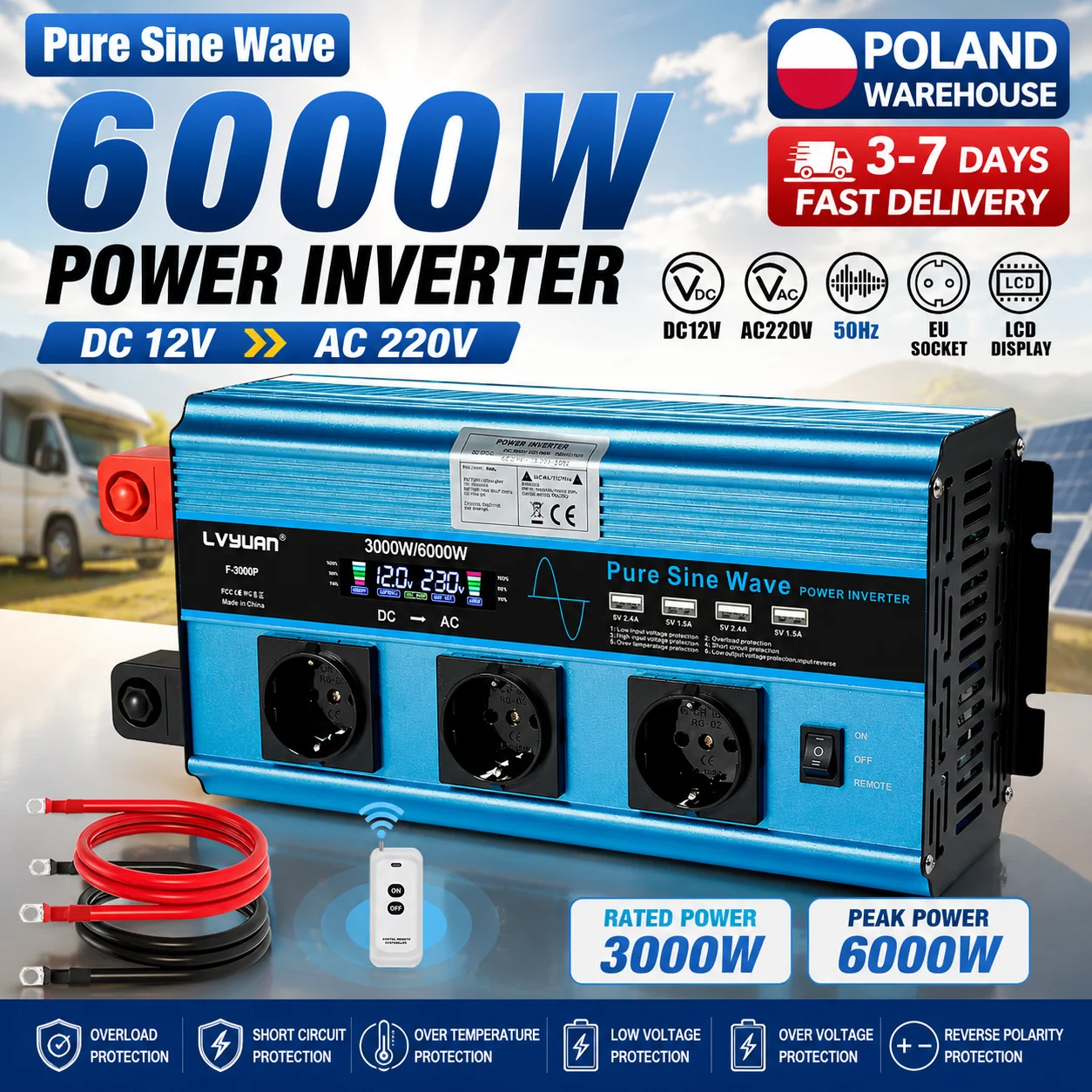 Inversor de Corriente de Onda Sinusoidal Pura LVYUAN con Múltiples Enchufes EU, de CC 12V a CA 220V, 4000W/6000W/8000W Pico, Convertidor para Coche con Pantalla LCD, 4 Puertos USB, 50Hz, para RV, Camping, Camión, Fuente de Alimentación de Respaldo de Emergencia Fuera de Red, Adaptador Solar
